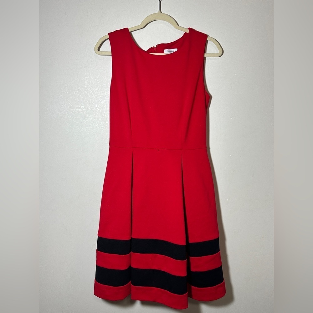 Calvin Klein Red Black Striped Fit Flare Sleeveless Dress Size 6